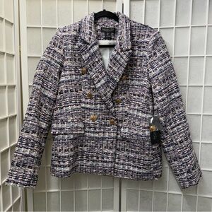 Rachel Zoe Tweed Double Breasted Blazer Jacket Gold Buttons NWT Large